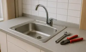 Zlewozmywak kuchenny z baterią i narzędziami: kluczem i kombinerkami.