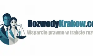 Ilustracja pary prawników z wagą sprawiedliwości i logo RozwodyKrakow.com.