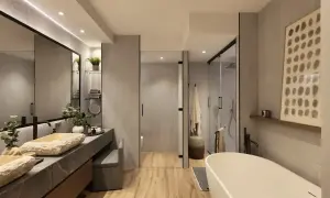 Elegante baño moderno con lavabos de piedra natural, bañera exenta y ducha acristalada. La decoración baños combina texturas y tonos neutros.