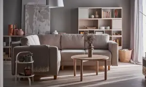 Przytulny salon z szarą kanapą i beżowymi dodatkami. Czy szary pasuje do beżu? Zdecydowanie tak, tworząc harmonijną całość.