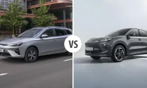 Jämförelse mellan en silverfärgad MG5 kombi och en mörkgrå SUV.