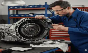Mecánico revisa con lupa un complejo cambio CVT, asegurando su perfecto funcionamiento.