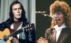 Dos imágenes de Camarón de la Isla, uno tocando la guitarra y otro cantando, evocando sus canciones más famosas.