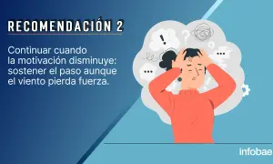 Una mujer con las manos en la cabeza, rodeada de símbolos de confusión, representa la lucha por mantener la motivación personal.