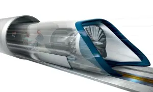 Kapsuła hyperloop z pasażerami w środku, napędzana turbiną, pędzi przez tunel.