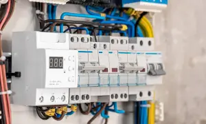 Zbliżenie na bezpieczniki i okablowanie w skrzynce elektrycznej.