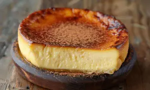 Un délicieux flan sans pâte, saupoudré de cacao, sur un plat en bois. Parfait pour une recette facile et gourmande.