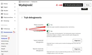 Panel administracyjny PrestaShop: zakładka Zaawansowane > Wydajność. Włącz tryb debugowania, aby wyświetlać błędy.