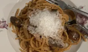 En tallrik med pasta alla norma, toppad med riven ost. Auberginebitar syns bland spaghettin.