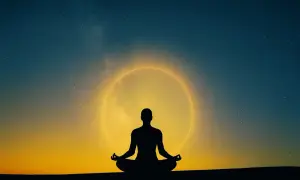 Silueta de persona meditando bajo un halo de luz dorada, rodeada de estrellas. Un momento de profunda sanación energética.