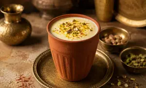 En krämig mango lassi i en terrakottaglas, toppad med pistagenötter och saffran.