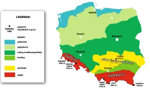 Mapa Polski z zaznaczonymi regionami: niziny, wyżyny i góry. Najwyższe góry w Polsce to Karpaty i Sudety.