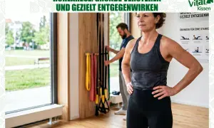 Frau im Fitnessstudio, die sich auf Übungen gegen Hohlkreuz (Hyperlordose LWS) vorbereitet. Ein Mann im Hintergrund wählt Trainingsbänder.