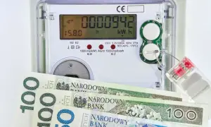 Licznik energii elektrycznej z polskimi banknotami. Zastanawiasz się, ile kosztuje 1 kWh?