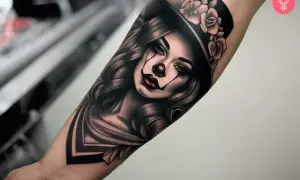 Un tatuaje chicano de una mujer con maquillaje de payaso, sombrero de copa adornado con rosas y cabello ondulado.