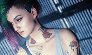 Judy Alvarez z Cyberpunk 2077, z zielono-fioletowymi włosami i tatuażami róż.