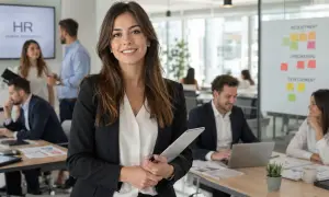 Sorriso di una manager risorse umane in ufficio, con colleghi al lavoro sullo sfondo.