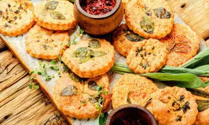 Torta salata con pasta frolla Buitoni, guarnita con erbe aromatiche e semi. Perfetta per un aperitivo sfizioso.