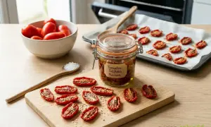 Préparation de tomates séchées maison : tomates fraîches, séchées sur une plaque et en bocal, prêtes pour une délicieuse recette.