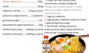 Przepis na ramen z dodatkami: makaron, pieczona wieprzowina, jajko, pędy bambusa, kukurydza i warzywa. Baza miso do ramenu.