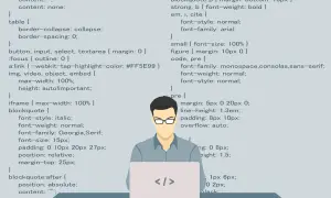 Programista przy laptopie, na ekranie kod CSS. Szybkie wyszukiwanie słowa w tekście to klucz do efektywnego kodowania.