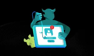 Diabeł z haczykiem próbuje wyłudzić dane logowania. Tak na czym polega phishing: oszustwo w sieci.
