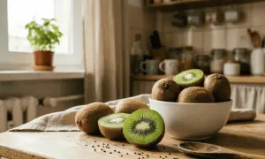 Na drewnianym stole leży miska pełna owoców kiwi. Kilka kiwi jest przekrojonych, ukazując ich zielony miąższ i czarne pestki.