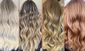 Quattro acconciature con diverse tonalità di colore biondo, dal platino al rame rosato, con onde morbide.