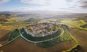 Mittelalterliche Burg auf einem Hügel, umgeben von Weinbergen und Olivenhainen. Ein malerischer Anblick der natur italien.