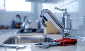 Narzędzia do naprawy cieknącego kranu leżą obok zlewu. Kapiąca woda sugeruje potrzebę interwencji.