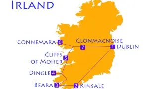 Karte für einen Irland Roadtrip: Dublin, Kinsale, Beara, Dingle, Cliffs of Moher, Connemara, Clonmacnoise.