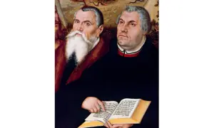Portret Marcina Lutra i Filipa Melanchtona, wybitne lucas cranach starszy dzieła. Postacie trzymają otwartą księgę z tekstem.