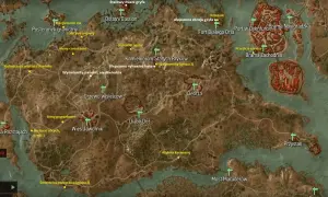 Mapa świata gry z zaznaczonymi lokacjami, takimi jak Ostatni Bastion, Wieś Jawornik i Kamieniołom Starych Pryków. Widać też ślady poszukiwań rynsztunek szkoły gryfa.
