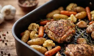 Contramuslos de pollo asados con patatas, zanahorias y coliflor en una bandeja.