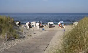 Strandkörbe am Ostseestrand, ein Holzweg führt zur See. Ein Hauch von Berlin-Urlaub an der Küste.