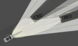Ilustración que muestra cómo funcionan las luces adaptativas: un coche ilumina la carretera y evita deslumbrar a otros vehículos.