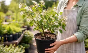 Eine Person hält einen Topf mit einer blühenden Amelanchier ovalis. Die zarten weißen Blüten schmücken den Strauch.