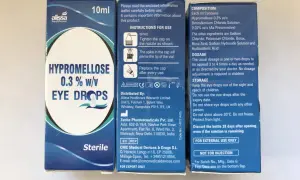 Pudełko kropli do oczu Hypromeloza 0,3% w/w, 10 ml, z instrukcją użycia.