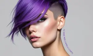 Pixie cut audace con capelli fini viola acceso e rasatura laterale. Un look moderno e di tendenza.