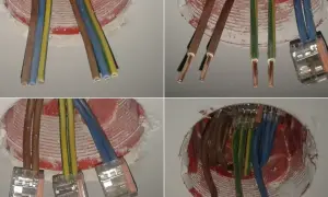 Instalacja elektryczna: jaki kabel do gniazdek? Widać przewody fazowe, neutralne i ochronne połączone złączkami w puszkach.