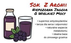 Sok z aronii w butelce i szklance, z owocami i liśćmi. Podkreśla jego moc antyoksydacyjną i wsparcie dla zdrowia.