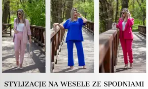 Eleganckie, gotowe stylizacje na wesele ze spodniami: różowy, niebieski i fuksjowy garnitur. Idealne na letnie przyjęcia.