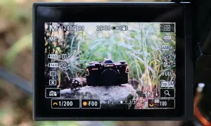 Ekran aparatu z widokiem na czarny Canon AE-1. Widać ustawienia, w tym MF i wskaźnik focus peaking.