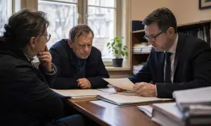 Prawnik omawia dokumenty z parą, która chce dowiedzieć się, jak sprawdzić czy jestem spadkobiercą.