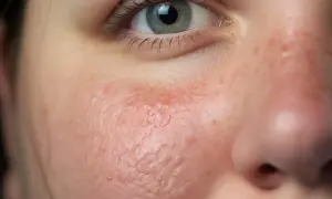 Primer plano del ojo y mejilla de una persona, mostrando piel enrojecida y con textura irregular, indicativa de xerosis cutánea.