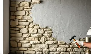 Maintenant, on va enlever l'enduit ciment sur ce mur en pierre. Un marteau et des gants sont prêts pour le travail.