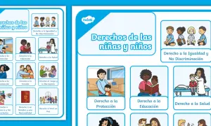 Póster ilustrado sobre los 10 derechos de los niños y niñas, mostrando escenas de protección, educación, salud, igualdad y familia.