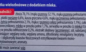 Składniki ciastek wielozbożowych z mlekiem. Czy ciastka Vitanella są zdrowe? Zawierają mąki pełnoziarniste, płatki owsiane, ale też cukier i olej.