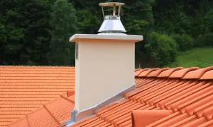 Nowy komin z metalową nasadą, zapewniającą prawidłowy **efekt kominowy**, na tle zielonego lasu i pomarańczowego dachu.