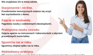 Szkoła policealna co to? Dowiedz się o autorskich kierunkach, nauce stacjonarnie i online, zajęciach w weekendy, praktycznej nauce zawodu, egzaminach raz w roku i wykładowcach praktykach.